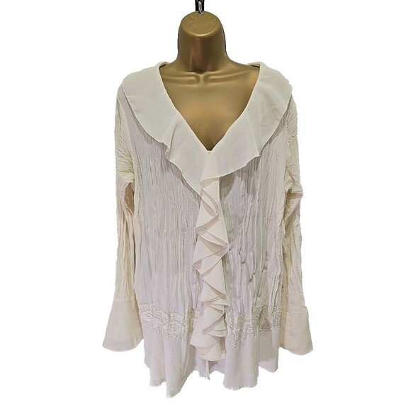 Crinkle Stretch Cream Blouse Womens 1X Plus Ruffle Fairy Boho Flare Bell Sleeve - Picture 1 of 7